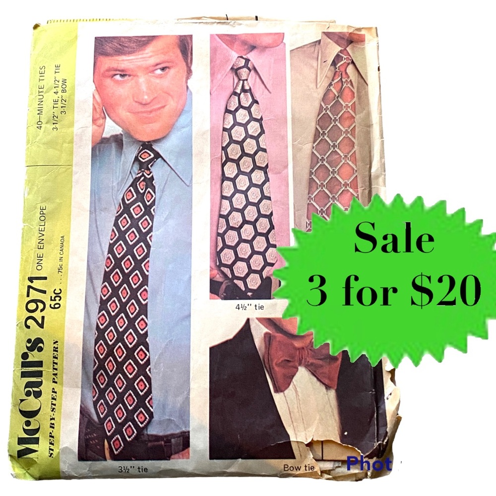 MCCALL’S 2971 vintage sewing pattern men’s bow tie ties necktie 1970s 70s silk